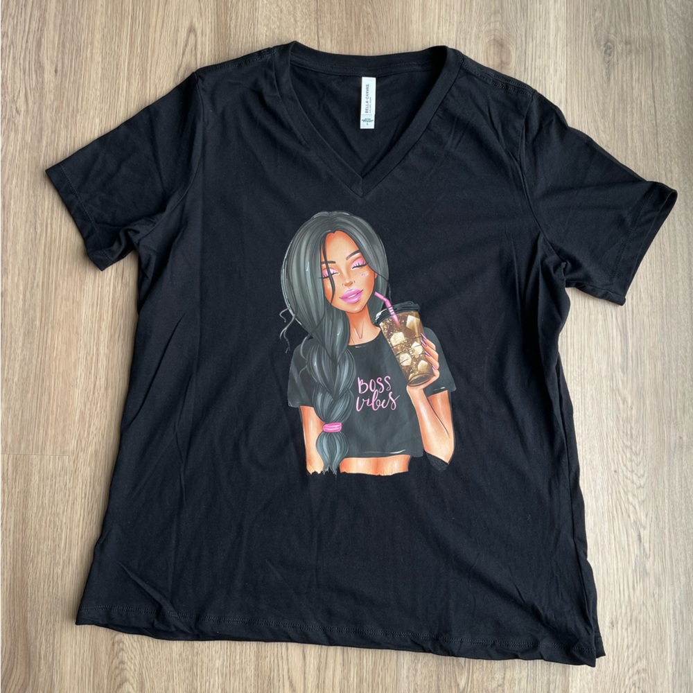 Boss vibes coffee dark hair black v-neck t-shirt size large Bella + canvas